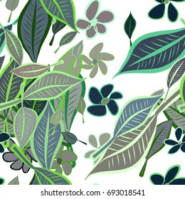 Seamless leaves & flower illustrations background abstract, hand drawn. Cartoon style vector graphic.
