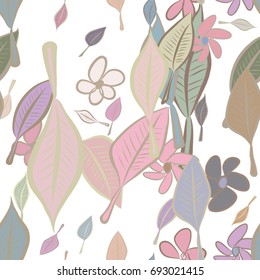 Seamless leaves & flower illustrations background abstract, hand drawn. Cartoon style vector graphic.