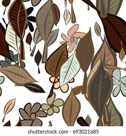 Seamless leaves & flower illustrations background abstract, hand drawn. Cartoon style vector graphic.
