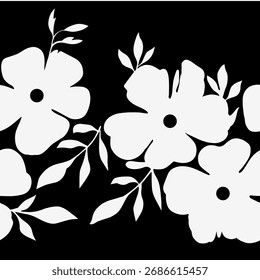 Hojas sin costuras y patrón de flores sobre fondo negro