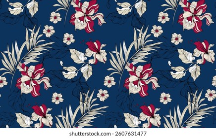 Seamless leaves and flowers pattern. Abstract doodle leaves pattern. Tropical pattern design