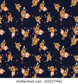 Seamless leaves with flowers. Pattern on blue background
