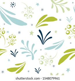 Seamless Leaves Free hand Pattern. Endless Background. With Green and White.