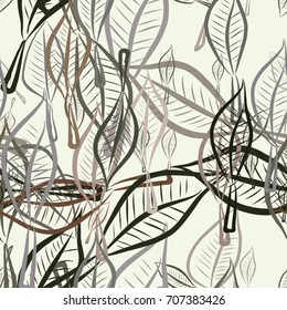 Seamless leaves illustrations background abstract, hand drawn. Cartoon style vector graphic.