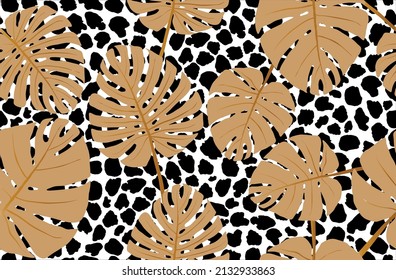 Seamless leaves with leopard pattern. Vector Illustration.