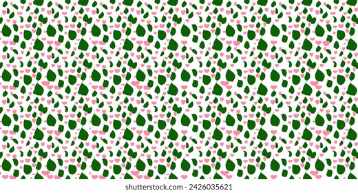 Hojas sin costuras y mini patrón de corazón, estampados repetidos. Diseño de textura de hierbas florecientes para su diseño. Dibujado a mano ilustración vectorial