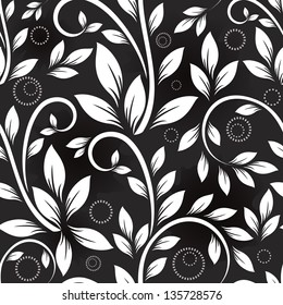 Seamless leaves monochrome vector pattern.