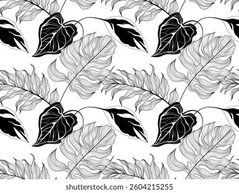 Seamless leaves pattern. Abstract doodle leaves pattern. Tropical pattern design