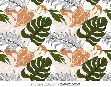 Seamless leaves pattern. Abstract doodle leaves pattern. Tropical pattern design