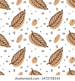 Seamless Leaves pattern. Abstract Hand drawn vector with autumn leaves and geometrical spots. Autumn weather. Doodle illustration. Repeated Background for wallpaper, wrapping, packing, textile