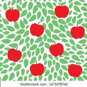 Seamless leaves pattern with apple. Vector illustration isolated. Background of green leaves chaotically scattered with red apple