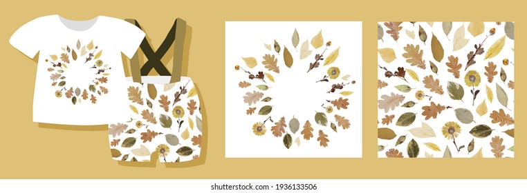 Seamless leaves pattern. Autumn leaves beautiful fashion design. Fabric and textile design. Set: pattern and sticker. Vector illustration.
