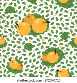 Seamless leaves pattern background with fruits. Great for textile or web page background. Vector illustration