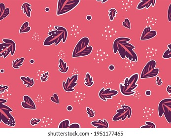 Seamless Leaves Pattern Background In Red And Purple Color.