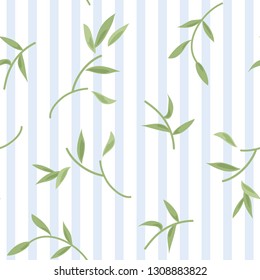 Seamless Leaves Pattern With Light Blue Stripe Background