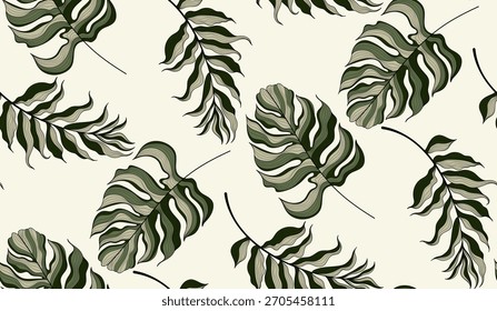 Padrão de folhas sem costura. Padrão de folhas exóticas de arte de linha. Design de fundo de verão