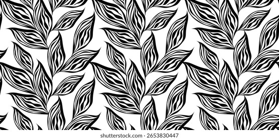 Seamless leaves pattern. Line pattern design.