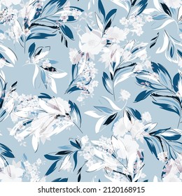 seamless leaves pattern on blue background