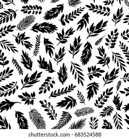 Seamless leaves pattern. Organic and natural ornament. Ink illustration. Hand drawn ornament for wrapping paper.
