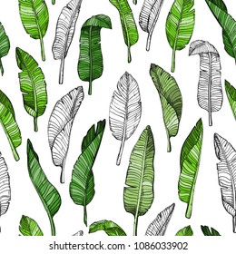 Seamless leaves pattern with tropical leaves