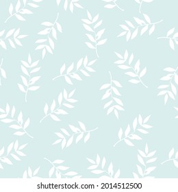 Seamless leaves pattern. Vector repeating botanical background.
White leaves on pastel blue background.