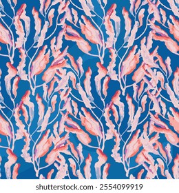 Seamless leaves pattern, watercolor, colorful, summer, tropical leaves, seamless pattern, pink, red and blue background, illustration, repeat print textile, packaging, clothing, fabric, vector artwork