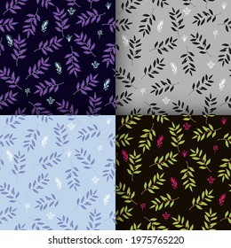 Seamless leaves patterns set. Vector repeating botanical background.
Branches with leaves and floral elements background.