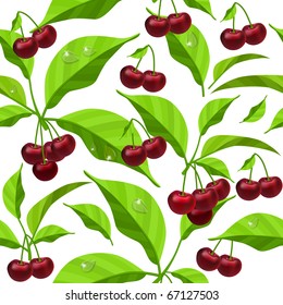 Seamless leaves and red berries on white background