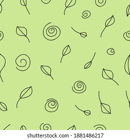 Patrón de hojas y espirales sin foco sobre fondo de color pistacho. Ilustración del contorno vectorial a partir de símbolos sencillos diseñados para fondos, textiles, papel pintado, impresiones. 