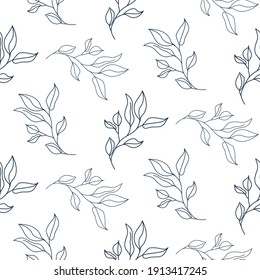 Seamless leaves spring pattern line style. Light natural foliage print vector design.