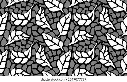 Textura De Folhas Sem Costura. Padrão De Folha Monocromática. Padrão de folhas orgânicas. Padrão Floral Cinza. Plano de fundo padrão sem emenda da folha abstrata.