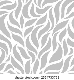 Seamless Leaves Texture. Monochrome Leaf Pattern. Wavy Leaves Pattern. Grey Floral Pattern. Abstract Leaf Seamless Pattern Background. Use for Fabric Print, Wallpaper, or Wrapping Paper.
