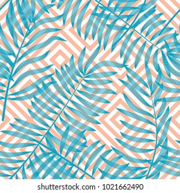 seamless leaves tropical pattern. with geometric background