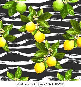 Seamless lemon background.  Hand drawn illustration with  citrus fruits.