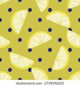 Seamless lemon and blueberry  pattern with bright yellow citrus fruits on blue background. Flat vector summer repeat for textile and packaging design.