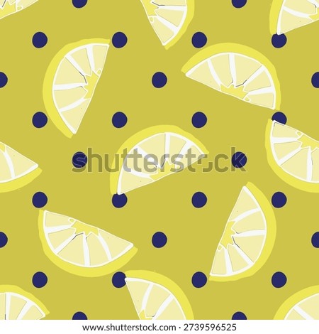 Seamless lemon and blueberry  pattern with bright yellow citrus fruits on blue background. Flat vector summer repeat for textile and packaging design.