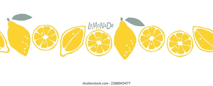 Seamless lemon border. Citrus fruits pattern on white background. Flat vector repeated isolated illustration For cafe menu, pack design, print design, poster, web banner. Seamless horizontal pattern.