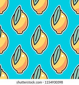 Seamless lemon, citrus pattern. Cartoon, sticker style, stylized fancy lemons. On blue background.