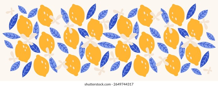 Seamless lemon citrus pattern in retro cartoon style. Endless print with citrus fruits and leaves. Perfect for kitchen textiles, fabric, wrapping paper and summer branding. Funky doodle Illustration