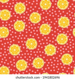 Seamless lemon citrus vector pattern. Repeat background with food slice and polka dot elements. Trendy red summer fashion print design. Modern illustration.