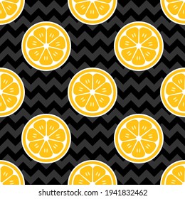 
Seamless lemon citrus vector pattern. Repeat fruit background with summer food slice elements. Black chevrons. Trendy cute fashion print design. Modern illustration.