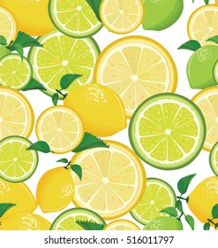 A seamless lemon and lime pattern on white background