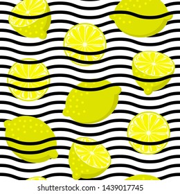 Seamless lemon on black and white wave stripes. Vintage fruits background.