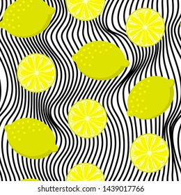 Seamless lemon on black and white wave stripes. Vintage fruits background.