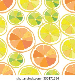 Seamless lemon orange lime slice  vector pattern. Colorful background