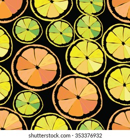 Seamless lemon orange lime slice vector pattern. Colorful background on black