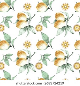 A seamless lemon and orange pattern on white background.
