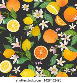 Seamless Lemon and Orange pattern with tropic fruits, leaves, flowers background. Hand drawn vector illustration in watercolor style for summer romantic cover, tropical wallpaper, vintage texture