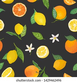 Seamless Lemon and Orange pattern with tropic fruits, leaves, flowers background. Hand drawn vector illustration in watercolor style for summer romantic cover, tropical wallpaper, vintage texture