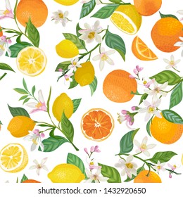 Seamless Lemon and Orange pattern with tropic fruits, leaves, flowers background. Hand drawn vector illustration in watercolor style for summer romantic cover, tropical wallpaper, vintage texture